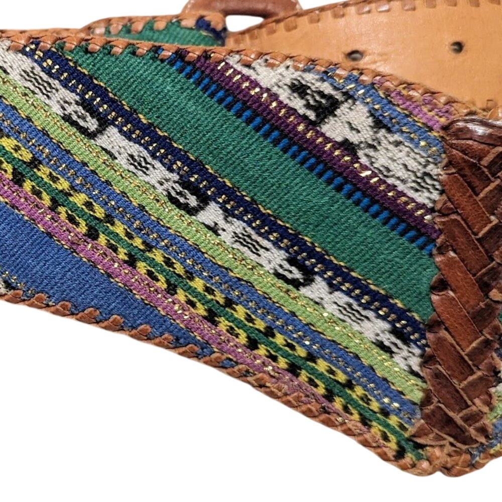 Vintage Colorful Tapestry Leather Chevron Whipstitch Edged Belt Size 34 - Picture 5 of 11